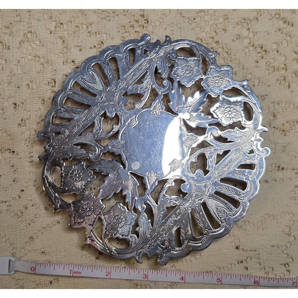 Wallace Silver Plate Round Pierced Trivet Floral Footed Hot Plate Vintage